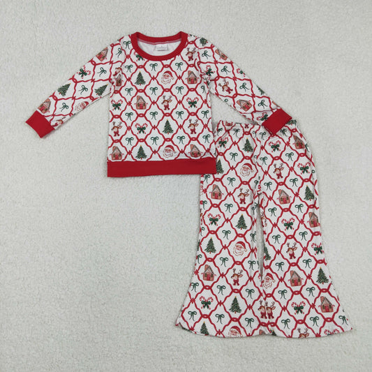 GLP2878  Baby Girls Red Bows Santa Top Bell Bottom Pants Christmas Clothes Sets