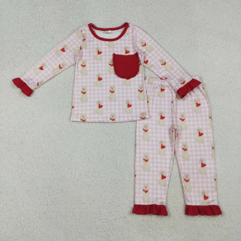 Mama And Me Girls Hearts Dogs Valentine Pajamas Set Ruffle Dress Zipper Romper Mamas Pants Bottom  D 1023