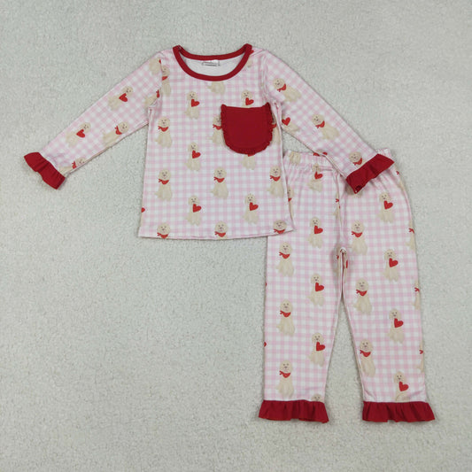 GLP2880 Baby Girls Pink Checked Dogs Hearts Pockets Ruffle Pants Valentine Pajamas Sets D 1023