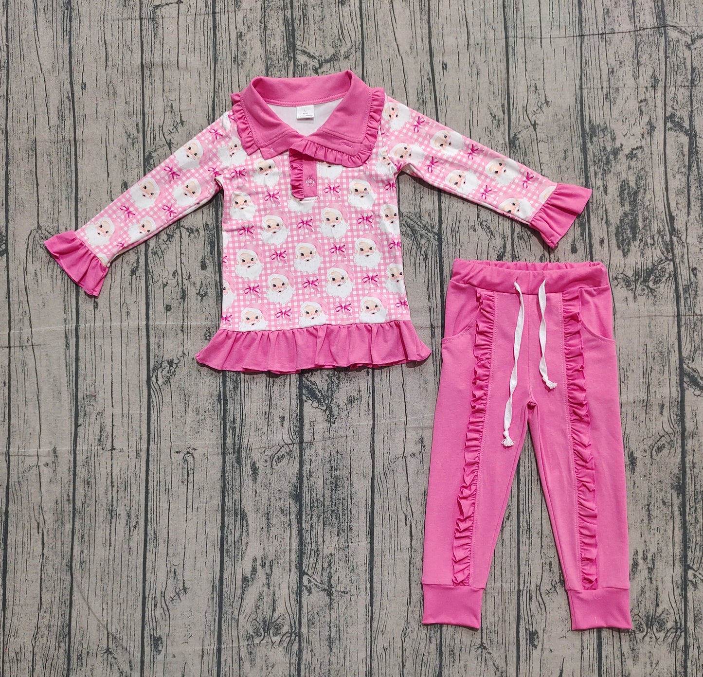 GLP2881 Baby Girls Pink Checked Santa Button Top Pockets Pants Christmas Clothes Sets  D 1022