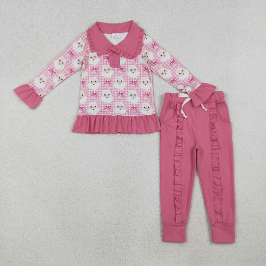 GLP2881 Baby Girls Pink Checked Santa Button Top Pockets Pants Christmas Clothes Sets