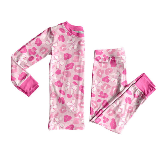 presale GLP2882  Baby Girls Pink Bows Leopard Top Pant Pajamas Sets   D 917