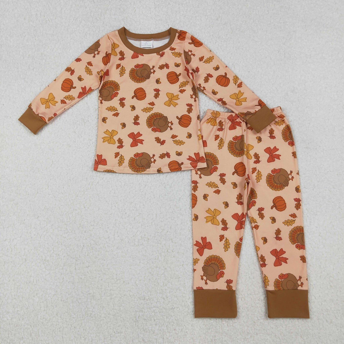 GLP2883  Baby Girls Bows Turkey Pumpkins Top Pant Thanksgiving Pajamas Sets