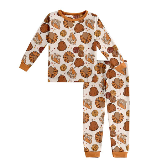 presale GLP2884 Baby Girls Pie Turkey Pumpkins Top Pant Thanksgiving Pajamas Sets  D 918