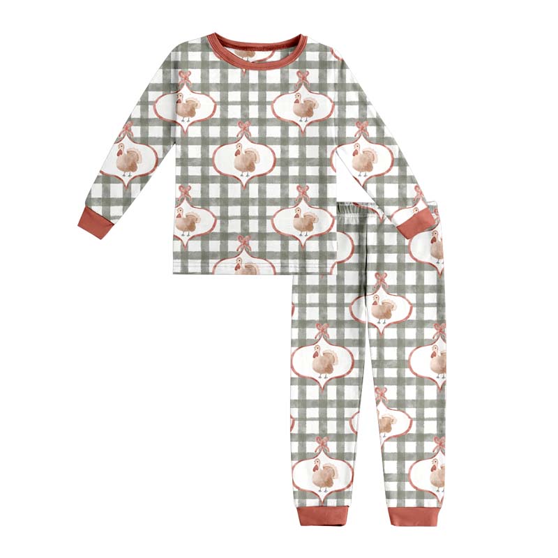 presale GLP2885 Baby Girls Green Checked Turkey Top Pant Thanksgiving Pajamas Sets  D 918