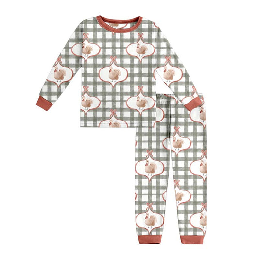 presale GLP2885 Baby Girls Green Checked Turkey Top Pant Thanksgiving Pajamas Sets  D 918