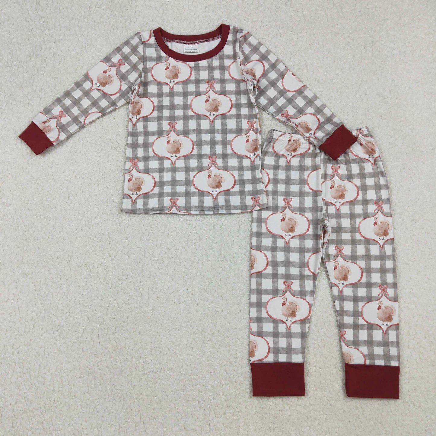 GLP2885 Baby Girls Green Checked Turkey Top Pant Thanksgiving Pajamas Sets