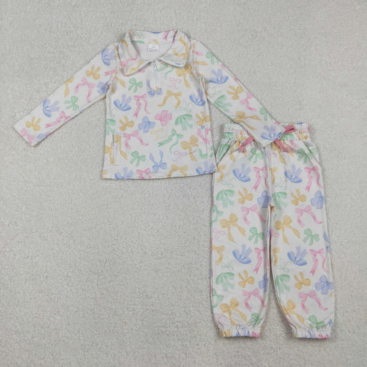 GLP2886 Baby Girls Colorful Bows Pockets Zipper Pullover Jogger Clothes Sets   D 1028