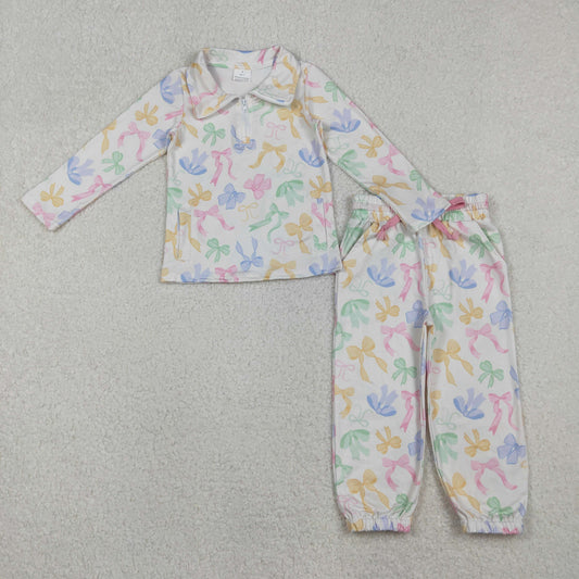 GLP2886 Baby Girls Colorful Bows Pockets Zipper Pullover Jogger Clothes Sets   D 1028