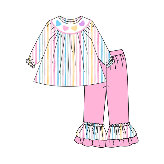 presale GLP2887 Baby Girls Colorful Stripes Hearts Tunic Ruffle Pants Valentine Clothes Sets  D 919