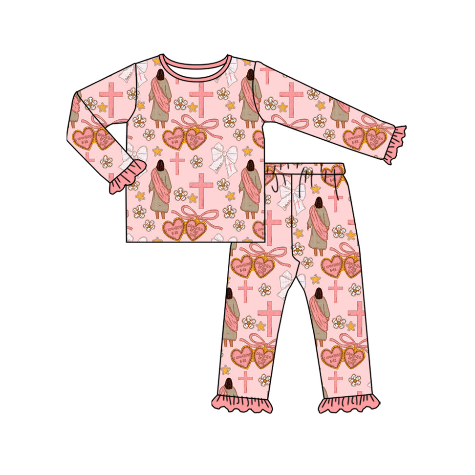 presale GLP2889 Baby Girls Pink Nativity Crosses Top Ruffle Pants Christmas Pajamas Sets  D 922