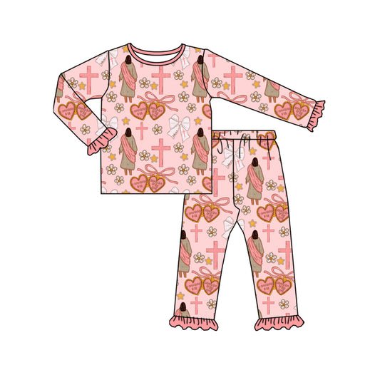 presale GLP2889 Baby Girls Pink Nativity Crosses Top Ruffle Pants Christmas Pajamas Sets  D 922