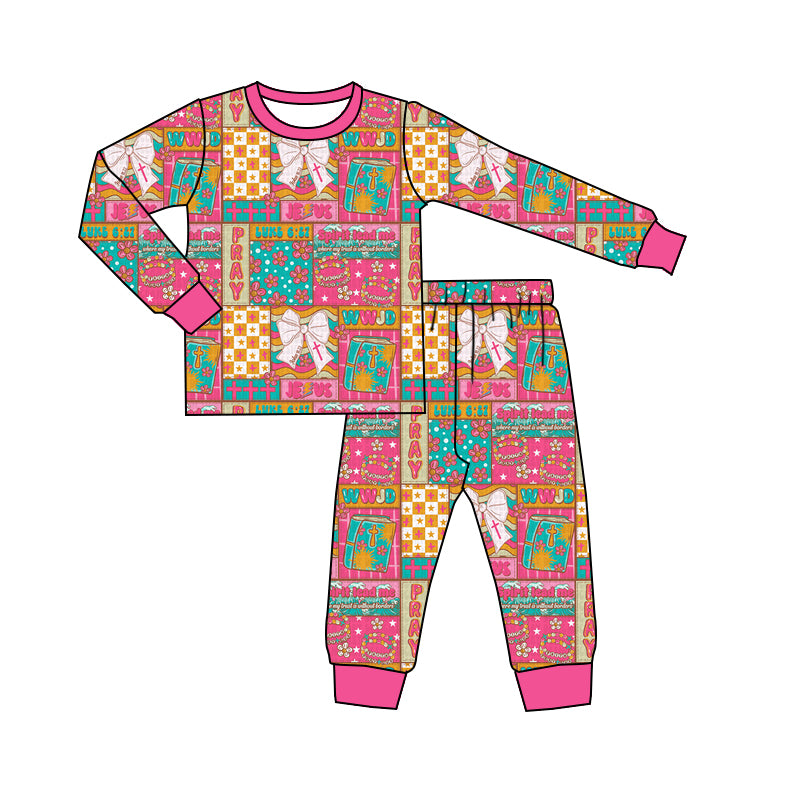 presale GLP2890  Baby Girls Pink Bows Flowers Checked Top Ruffle Pants Pajamas Sets D 922