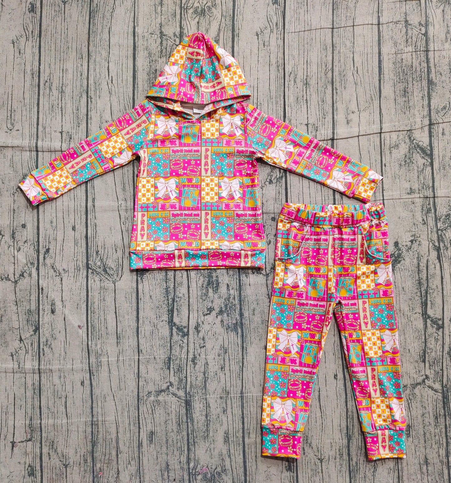 GLP2891  Baby Girls Pink Bows Flowers Checked Hoodies Pockets Jogger Clothes Sets D 1127