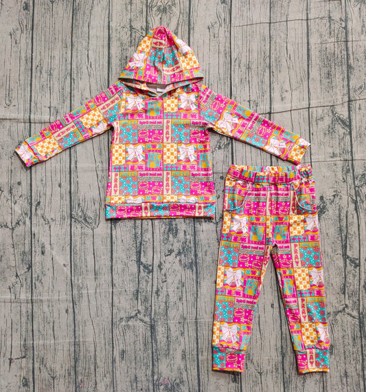 presale GLP2891  Baby Girls Pink Bows Flowers Checked Hoodies Pockets Jogger Clothes Sets D 1127