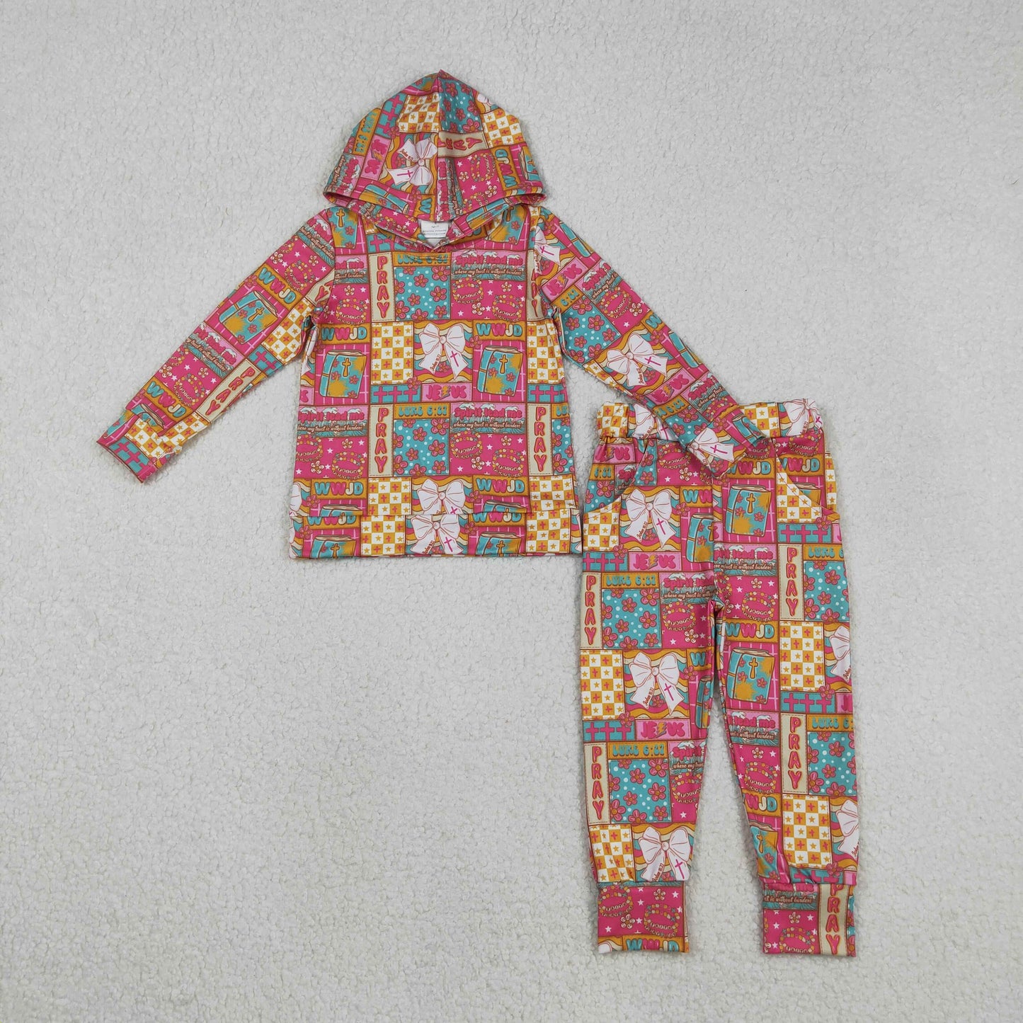 GLP2891  Baby Girls Pink Bows Flowers Checked Hoodies Pockets Jogger Clothes Sets D 1127