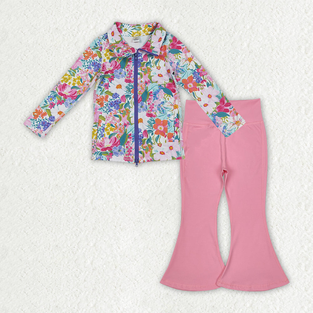 GLP2893  Baby Girls Floral Pockets Zipper Jackets Bell Bottom Pants Yoga Active Clothes Sets