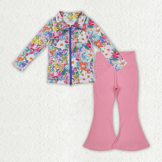 GLP2893  Baby Girls Floral Pockets Zipper Jackets Bell Bottom Pants Yoga Active Clothes Sets