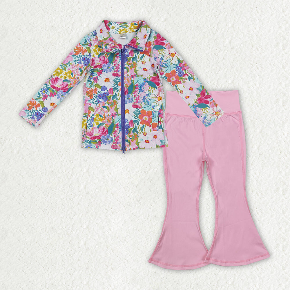GLP2894 Baby Girls Floral Pockets Zipper Jackets Bell Bottom Pants Yoga Active Clothes Sets