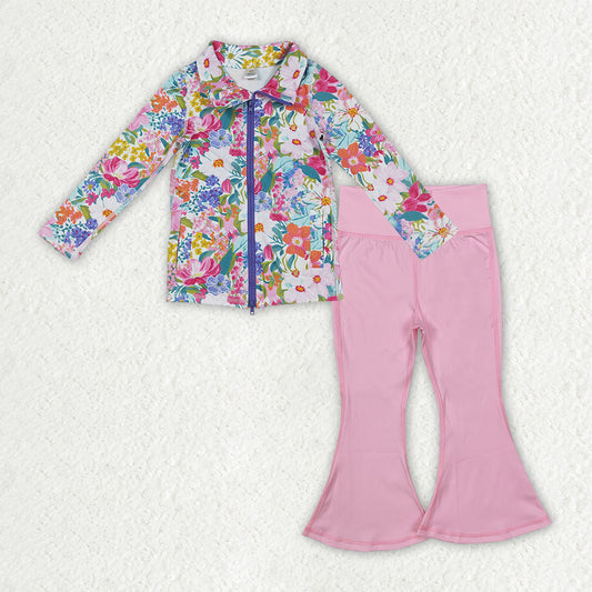 GLP2894 Baby Girls Floral Pockets Zipper Jackets Bell Bottom Pants Yoga Active Clothes Sets