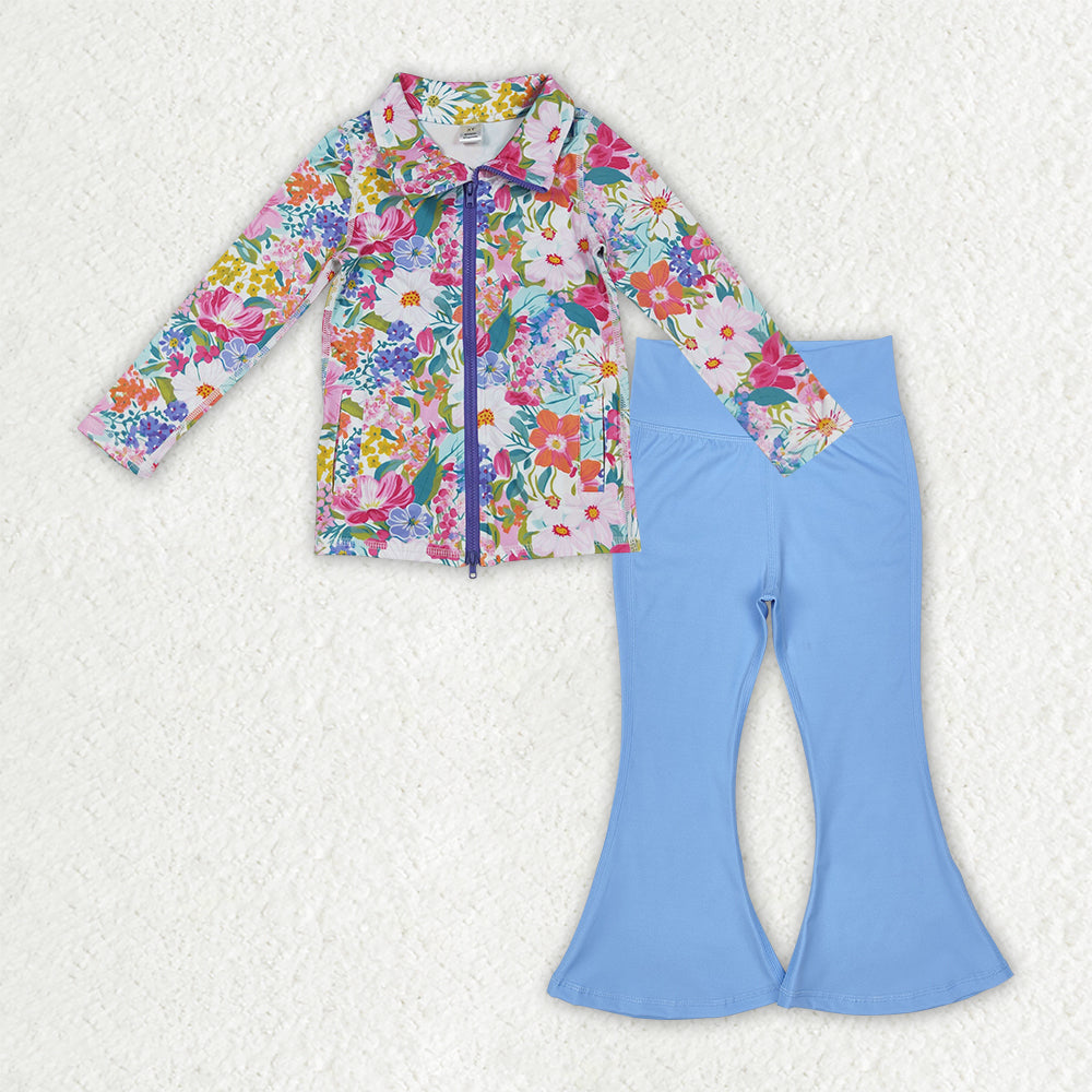 GLP2895  Baby Girls Floral Pockets Zipper Jackets Bell Bottom Pants Yoga Active Clothes Sets