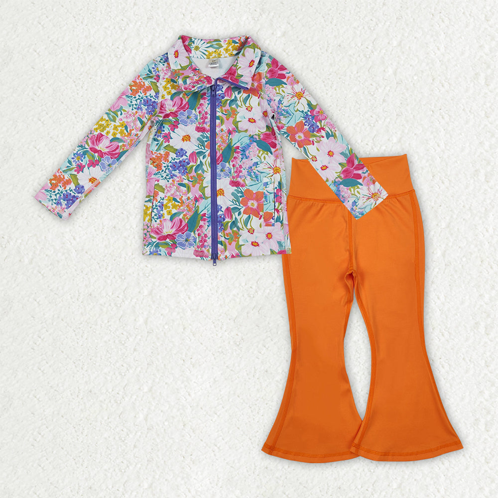 GLP2896 Baby Girls Floral Pockets Zipper Jackets Bell Bottom Pants Yoga Active Clothes Sets