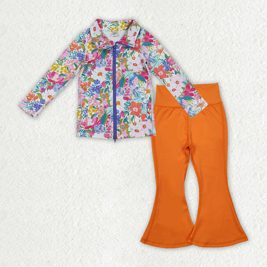 GLP2896 Baby Girls Floral Pockets Zipper Jackets Bell Bottom Pants Yoga Active Clothes Sets