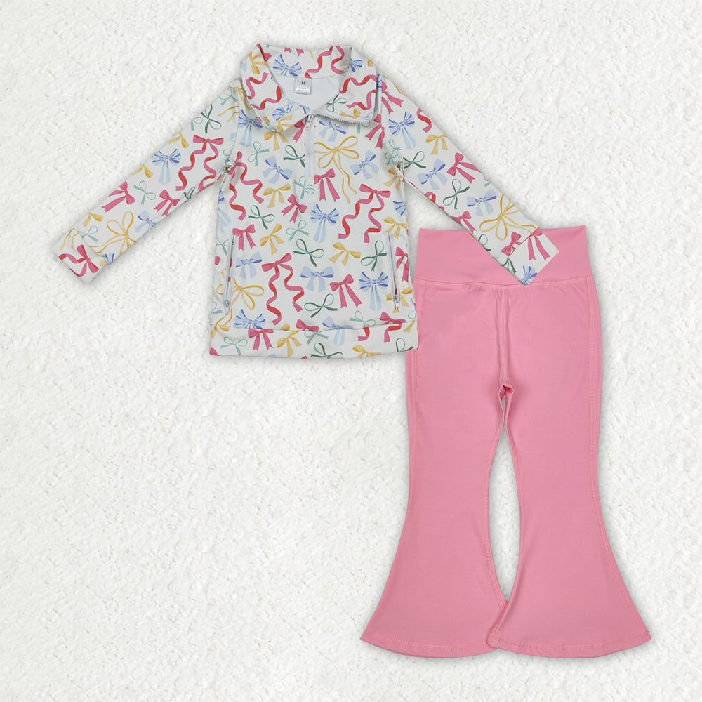 GLP2897 Baby Girls Pink Yellow Bows Zipper Pullover Bell Bottom Pants Yoga Active Clothes Sets