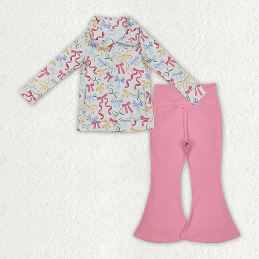 GLP2897 Baby Girls Pink Yellow Bows Zipper Pullover Bell Bottom Pants Yoga Active Clothes Sets