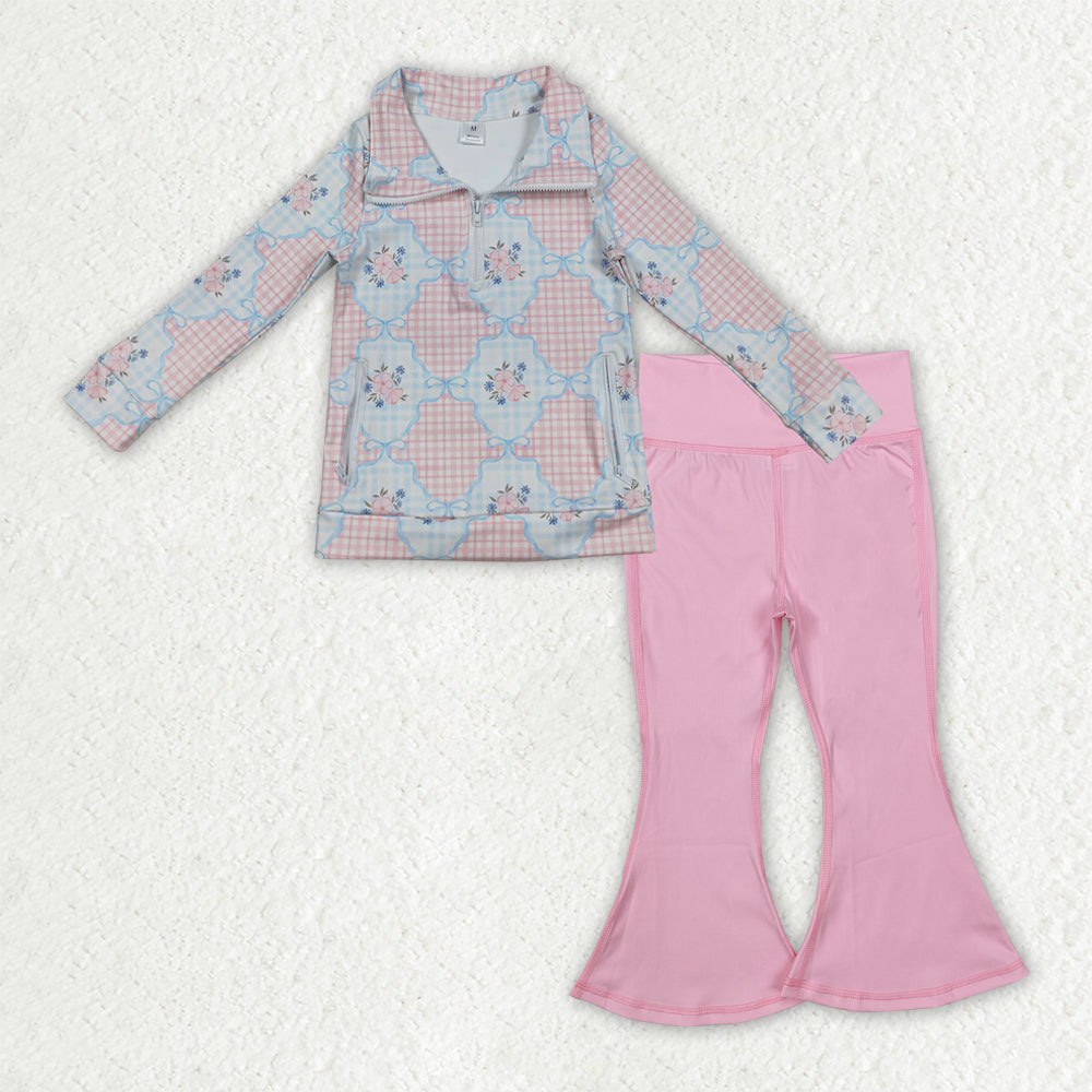 GLP2898 Baby Girls Pink Flowers Checked Zipper Pullover Bell Bottom Pants Yoga Active Clothes Sets