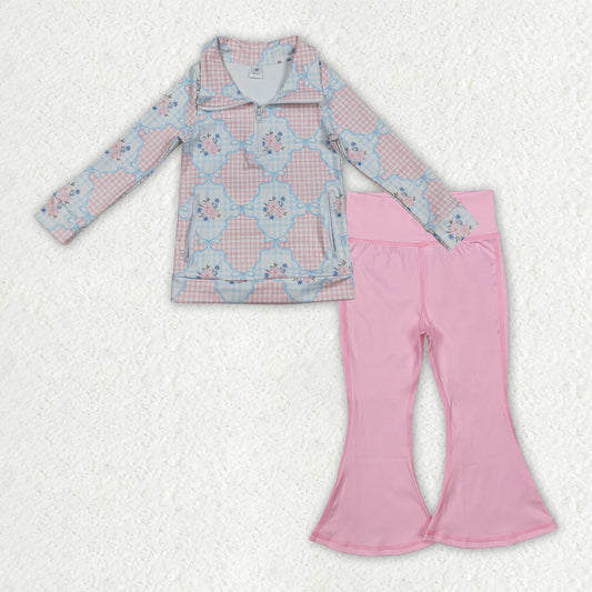 GLP2898 Baby Girls Pink Flowers Checked Zipper Pullover Bell Bottom Pants Yoga Active Clothes Sets