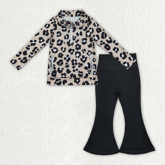 GLP2900 Baby Girls Black Leopard Pockets Zipper Jackets Bell Bottom Pants Yoga Active Clothes Sets