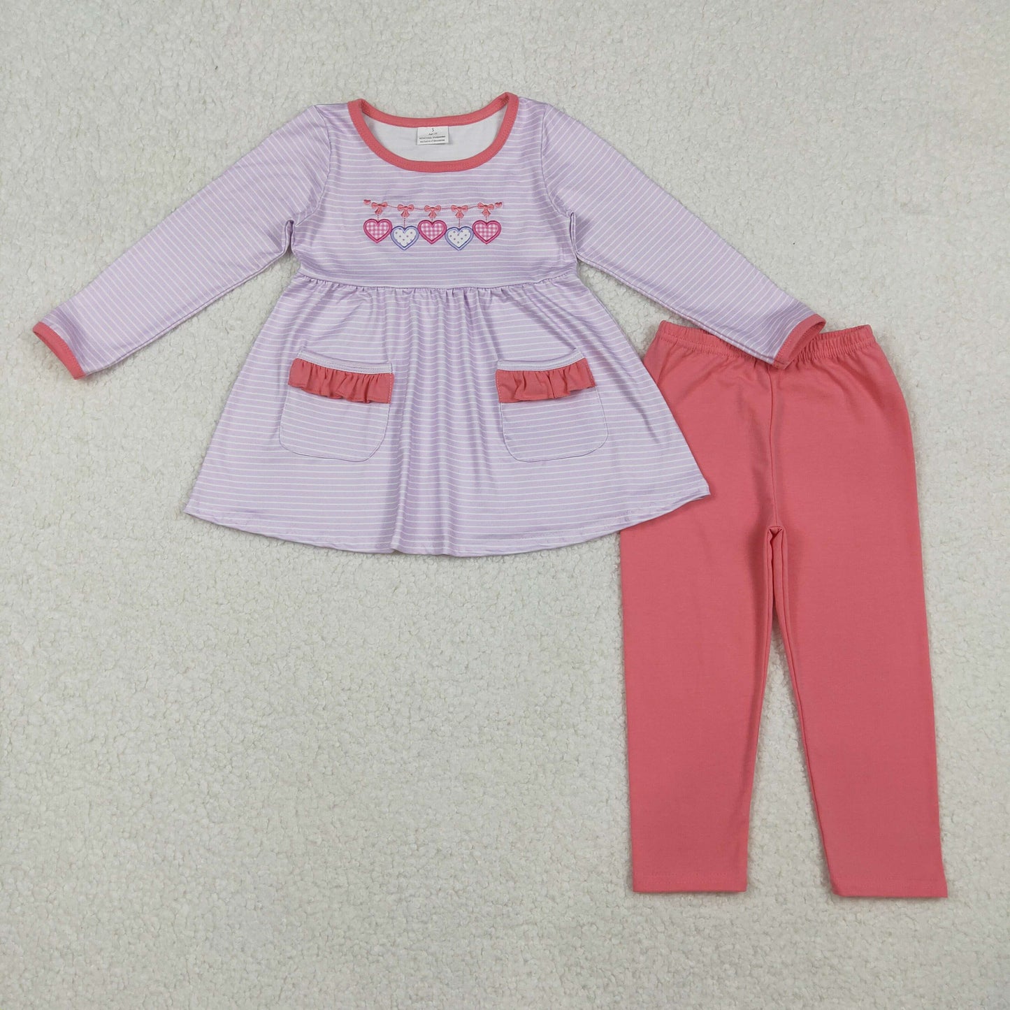 GLP2906  Embroidery Hearts Baby Girls Stripe Pockets Tunic Leggings Valentine Clothes Sets D 1024