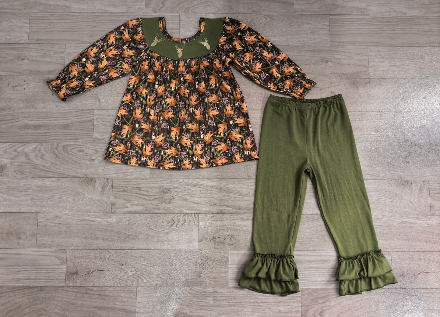 Pre order fall leaves deer embroidery pants set girl outfit