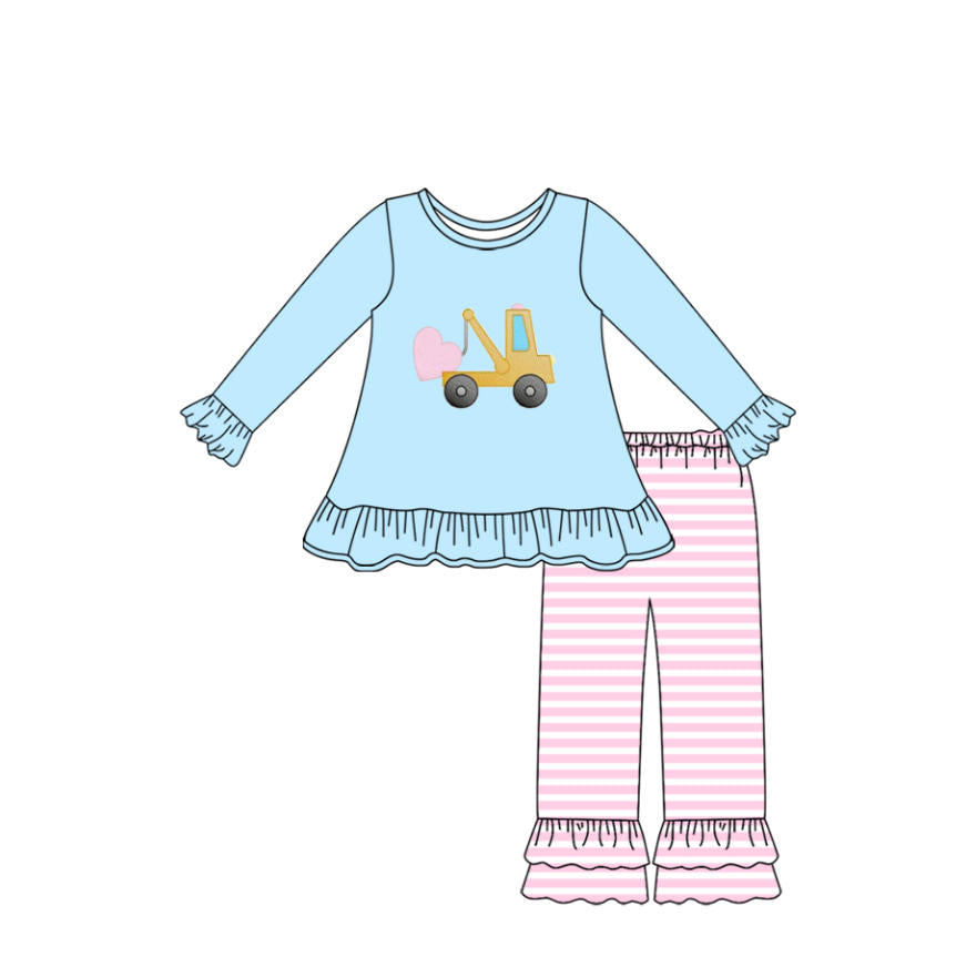 presale  GLP2911  Baby Girls Hearts Excavator Tunic Stripe Ruffle Pants Valentine Clothes Sets  D 924