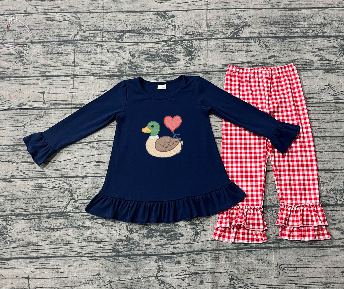 GLP2912 Embroidery Heart Ducks Baby Girls Navy Tunic Red Checked Pants Valentine Clothes Sets  D 1028