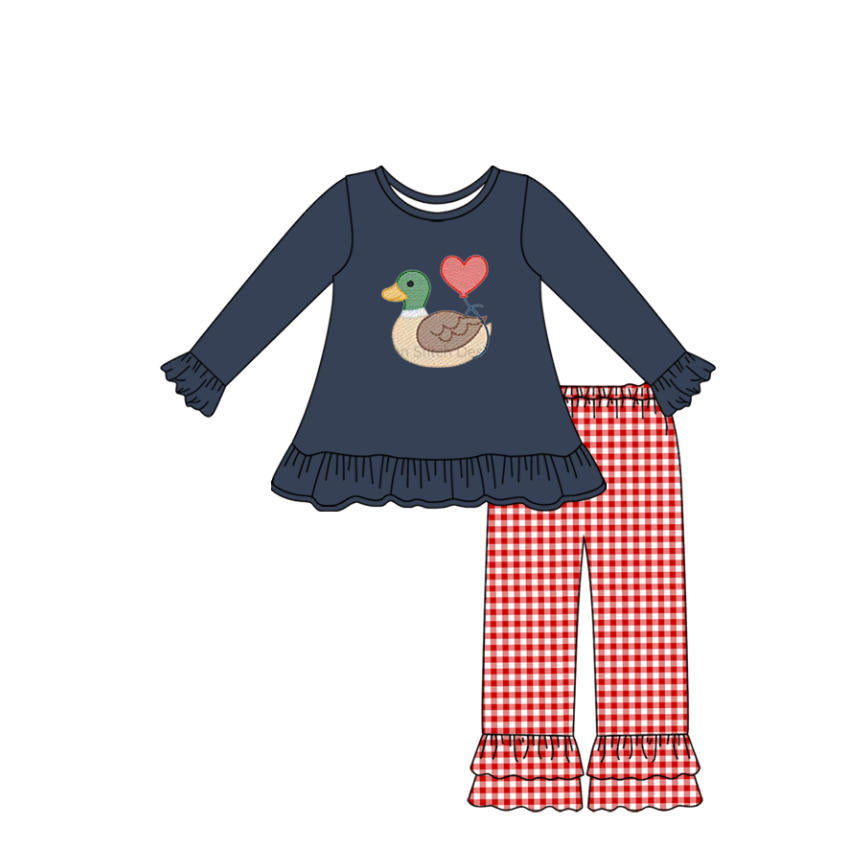 GLP2912 Embroidery Heart Ducks Baby Girls Navy Tunic Red Checked Pants Valentine Clothes Sets  D 1028