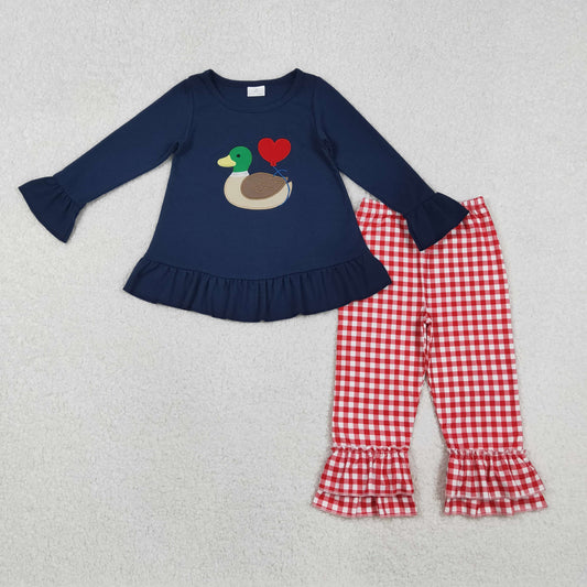 GLP2912 Embroidery Heart Ducks Baby Girls Navy Tunic Red Checked Pants Valentine Clothes Sets D 1028
