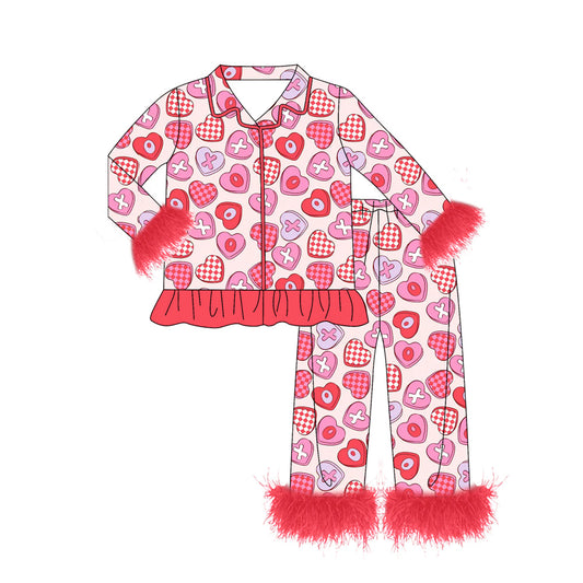 presale GLP2915  Baby Girls XOXO Hearts Button Top Pants Valentine Fur Pajamas Sets  D 924