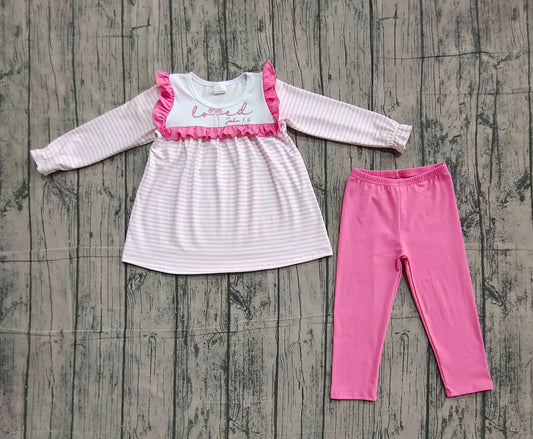 presale GLP2916 Embroidery Baby Girls Pink Stripe Tunic Leggings Valentine Clothes Sets D 1204