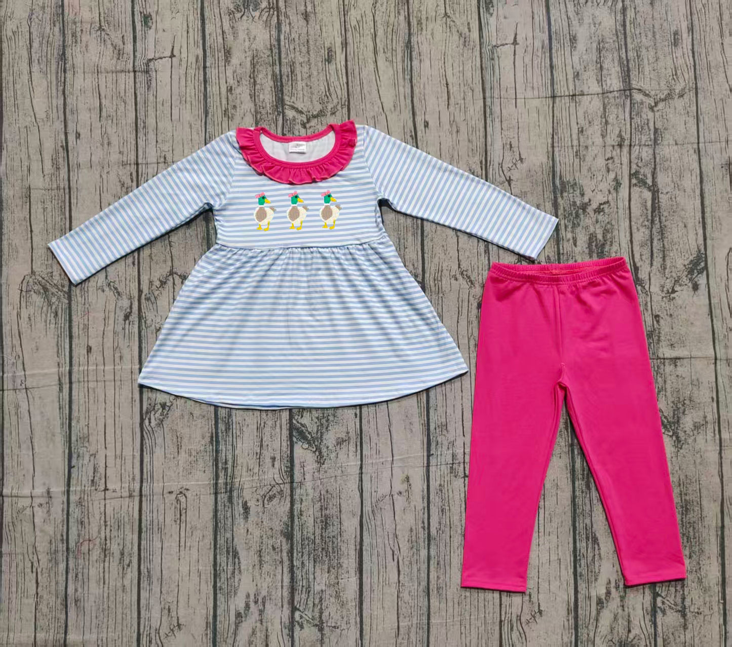 presale GLP2923  Embroidery Ducks Baby Girls Stripe Tunic Legging Pants Clothes Sets  D 1009