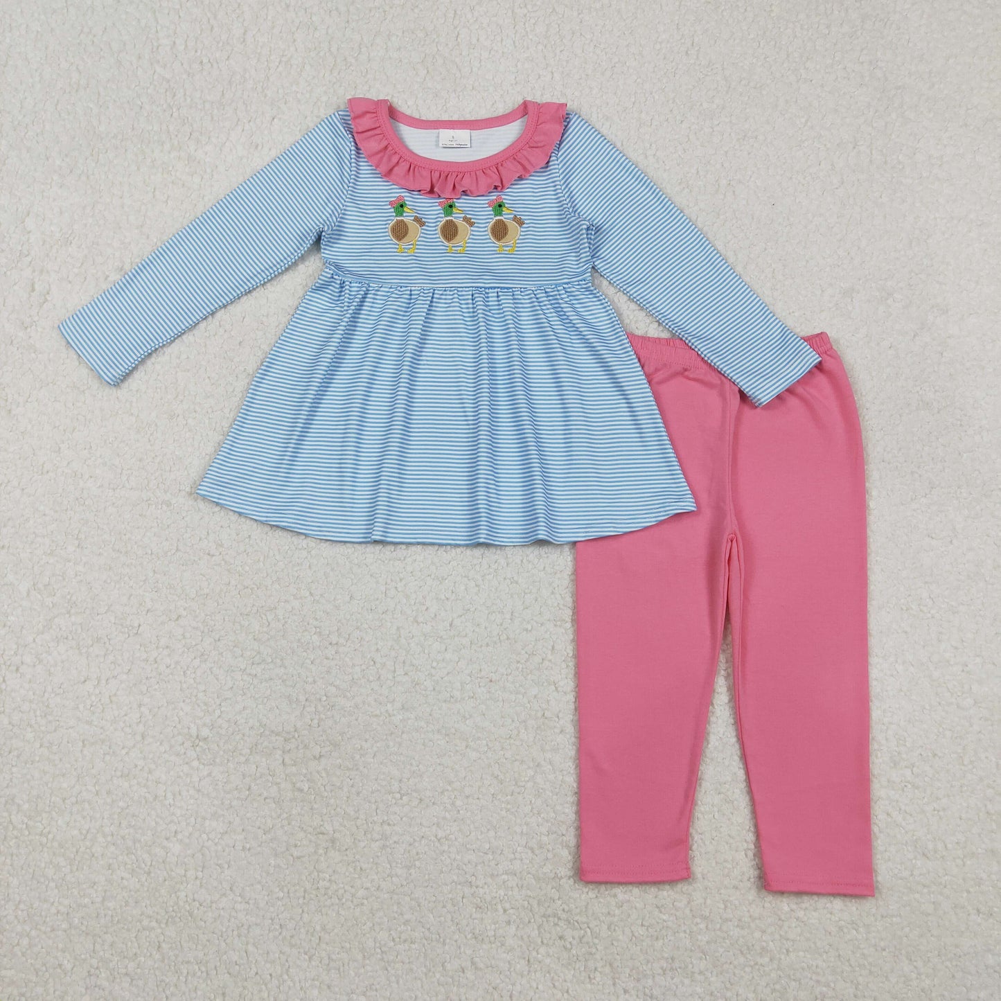 Sibling Baby Girls Embroidery Bow Ducks Blue Stripe Tunic Leggings Valentines Sets Dresses  D 1122