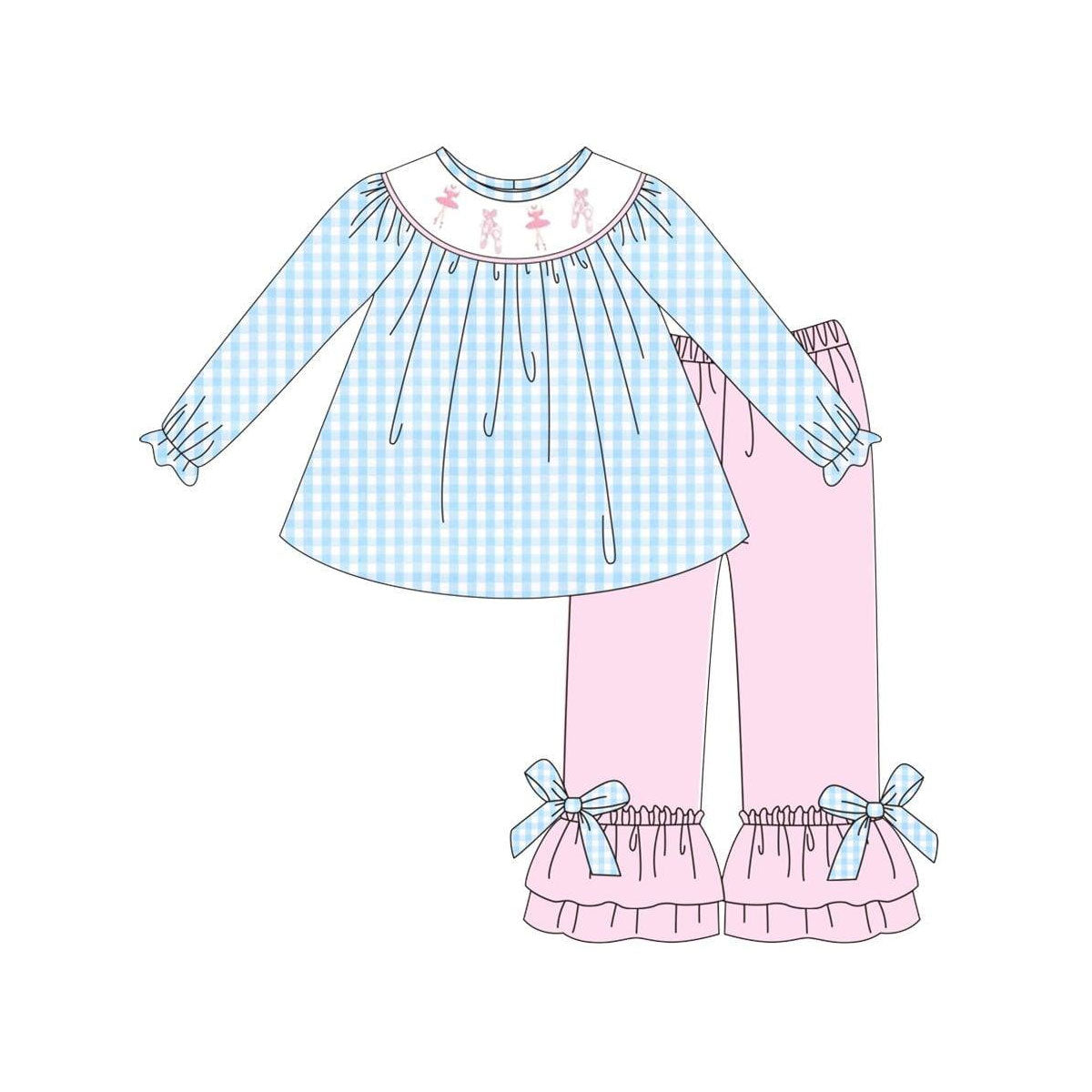 presale GLP2925 Baby Girls Blue Checked Dancers Tunic Pink Ruffle Pants Clothes Sets  D 930
