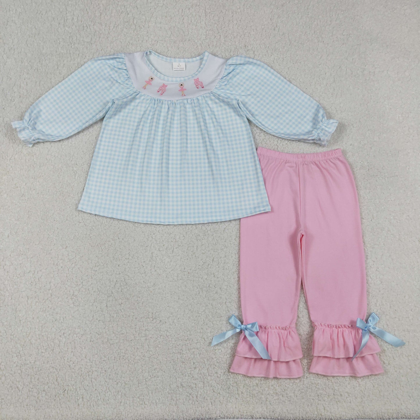 Baby Girls Embroidery Dancer Shoes with Checked Tunic And Ruffle Pants Complete Clothes Set