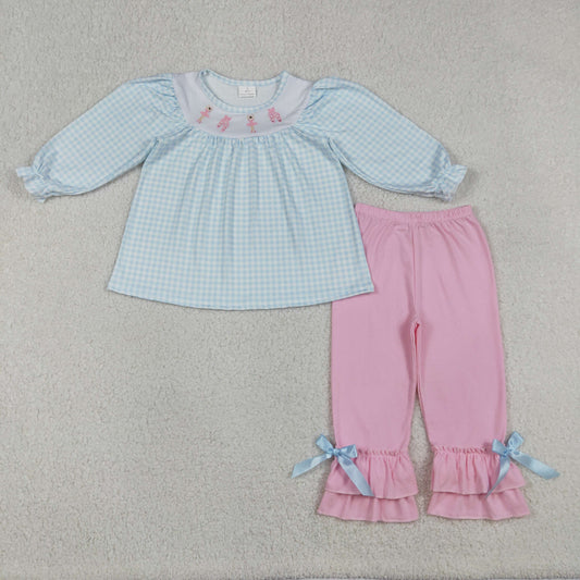 Baby Girls Embroidery Dancer Shoes with Checked Tunic And Ruffle Pants Complete Clothes Set