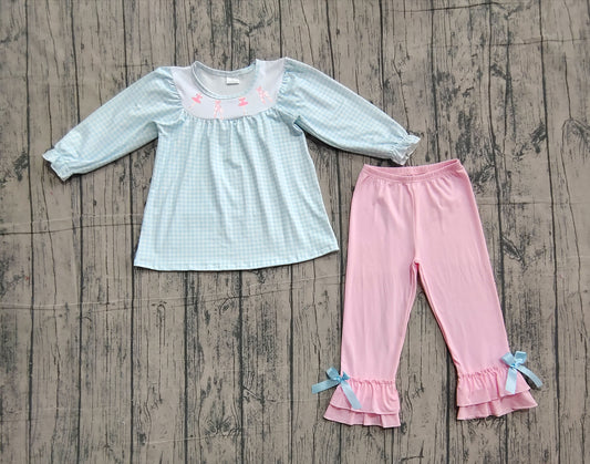 presale GLP2925 Baby Girls Blue Checked Dancers Tunic Pink Ruffle Pants Clothes Sets  D 1204