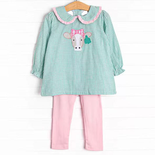 presale GLP2926  Baby Girls Green Checked Cows Tunic Leggings Farm Clothes Sets  D 930