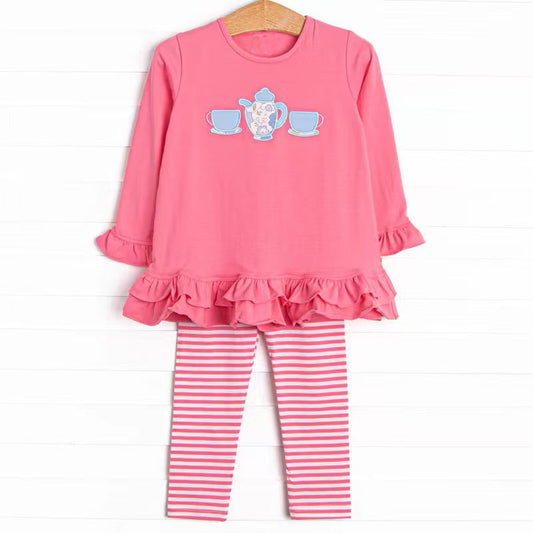 presale GLP2927 Baby Girls Pink Tea Cups Tunic Stripe Leggings Clothes Sets  D 930