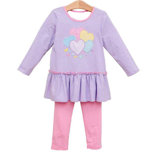 presale GLP2928 Baby Girls Lavender Stripe Hearts Tunic Leggings Valentine Clothes Sets  D 930