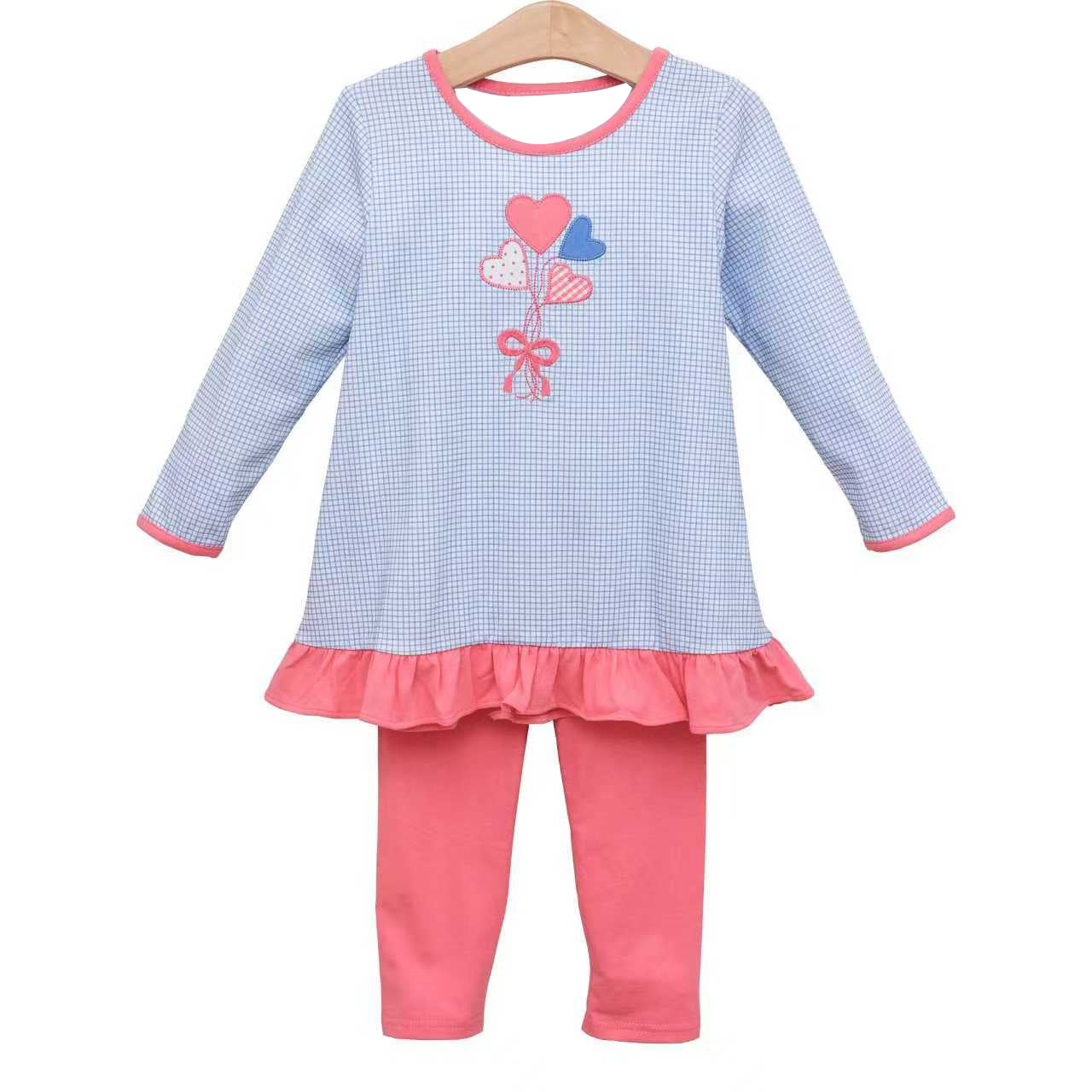 presale GLP2929 Baby Girls Blue Checked Bows Hearts Tunic Leggings Valentine Clothes Sets  D 930